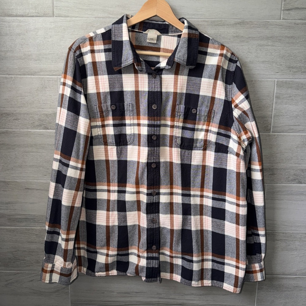 Duluth Trading Co. Woman's XXL Plaid Flannel Long Sleeve Button Up Black Beige
